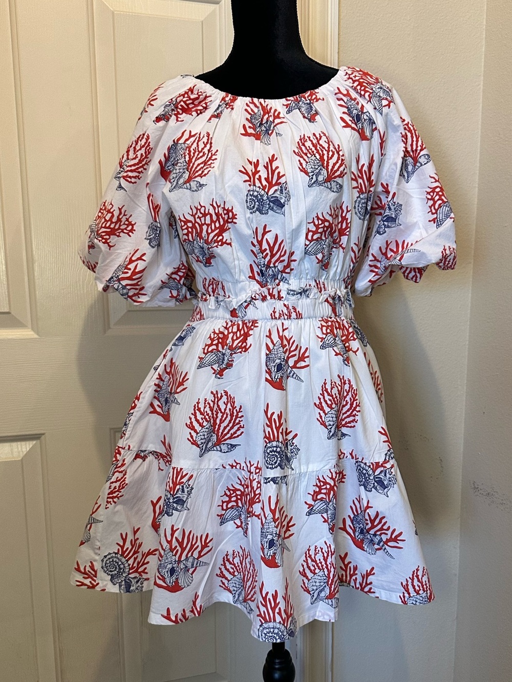 Anthropologie Priya Israni Coral Seashell Puff Sleeve Cutout Mini Dress S - Picture 2 of 14